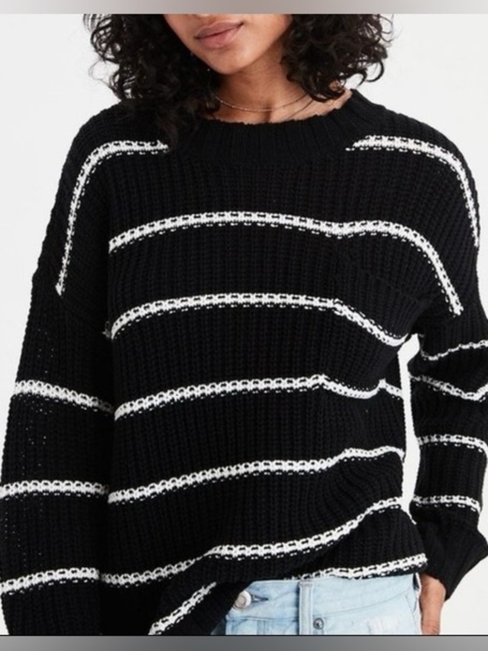 American Eagle Oversized Striped Sweater Black White Crew Neck Medium Women’s